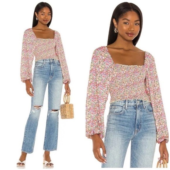 Resa Chevy Floral Print Ruched Ballon Sleeve Top in Pink Charleston - Picture 1 of 11